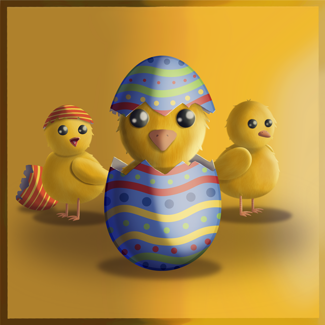 A yellow cartoon chicken is sitting inside a cracked purple Easter egg decorated with wavy stripes and polka dots in blue, red, green, and yellow. The top half of the egg rests on the chicken’s head. In the background, there are two more Easter chickens. One of them hatched out of a yellow and orange striped Easter egg.