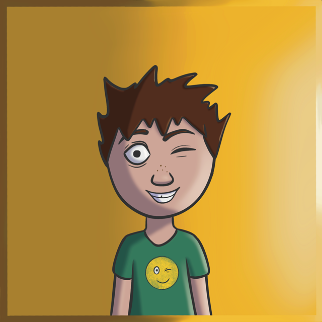 A cartoon-style illustration of a boy with spiky brown hair, winking with his right eye. He has a light skin tone, a few freckles on his nose, and is smiling. He is wearing a green t-shirt with a yellow winking face emoji printed on it.