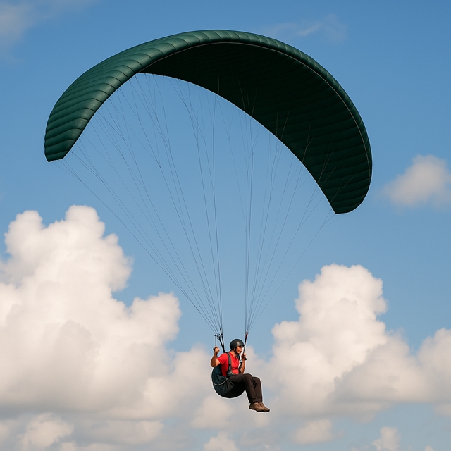 A man is flying a paraglider with a dark green canopy against a blue sky with scattered white clouds. He is wearing a red shirt, dark pants, and a helmet, sitting in a harness with his legs slightly bent. Thin suspension lines connect him to the paraglider above.